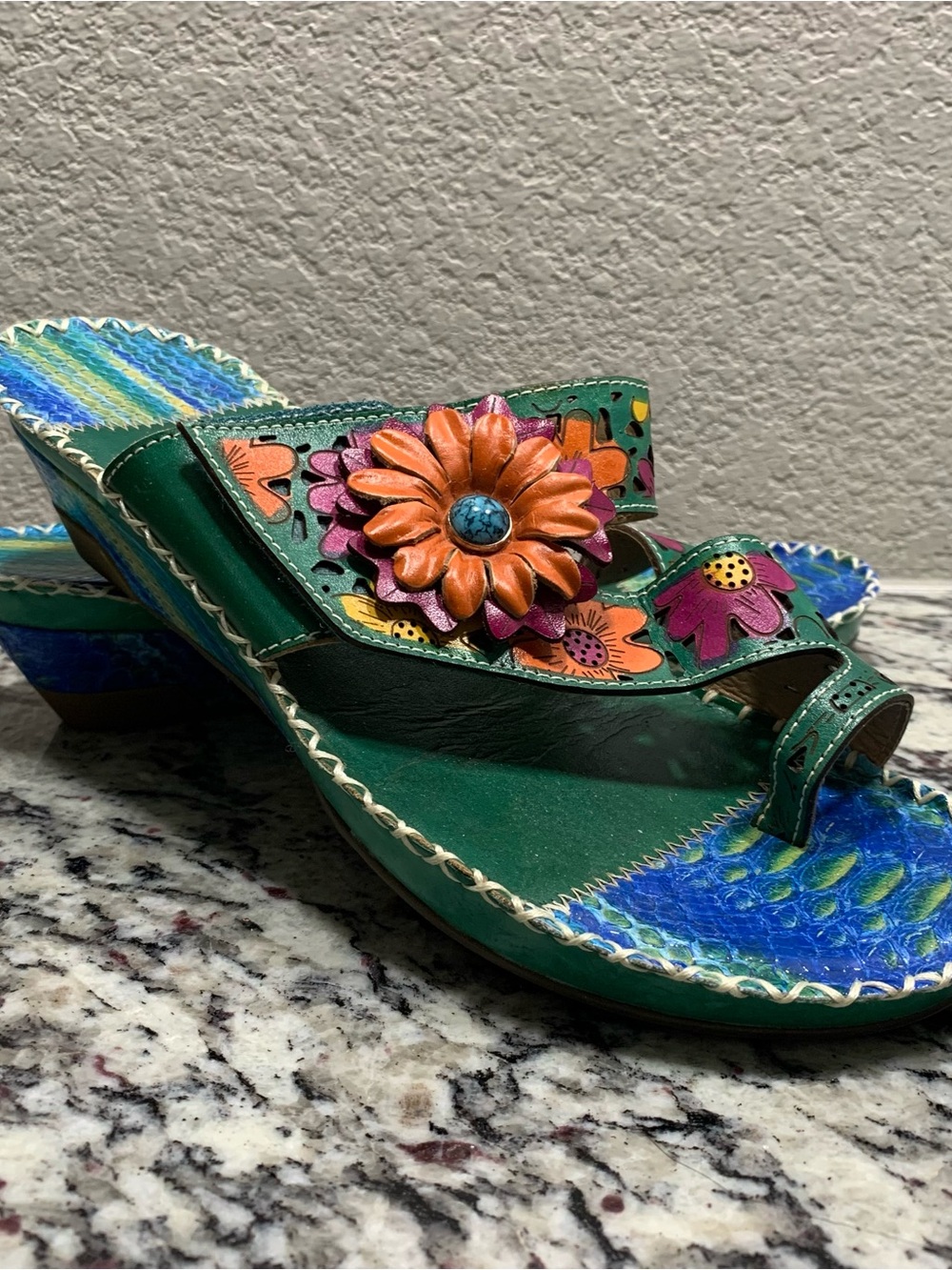 Spring Step L'Artiste Slide Sandal Womens 41  Vardi Mint Leather Platform Flower - Picture 2 of 11